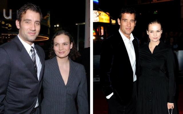 Clive Owen and Sarah-Jane Fenton wearing pinstriped suits, and Clive and Sarah-Jane in black outfits on the red carpet