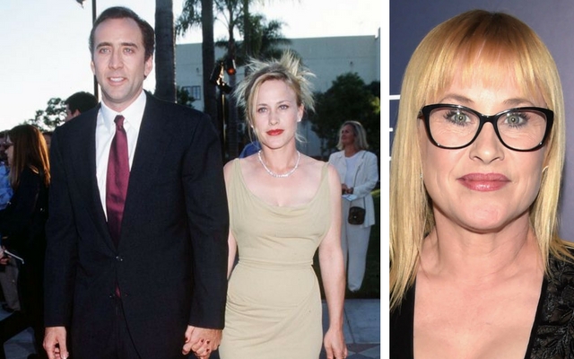 Nicolas Cage and Patricia Arquette together on the red carpet in the 1990s, and Patricia in 2017 wearing a black dress with thick-framed glasses