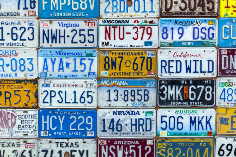 Tel-Aviv - August 27: Surface made of an assortment of USA car license plates, on a wall in Tel-Aviv, Israel on August 27, 2016.